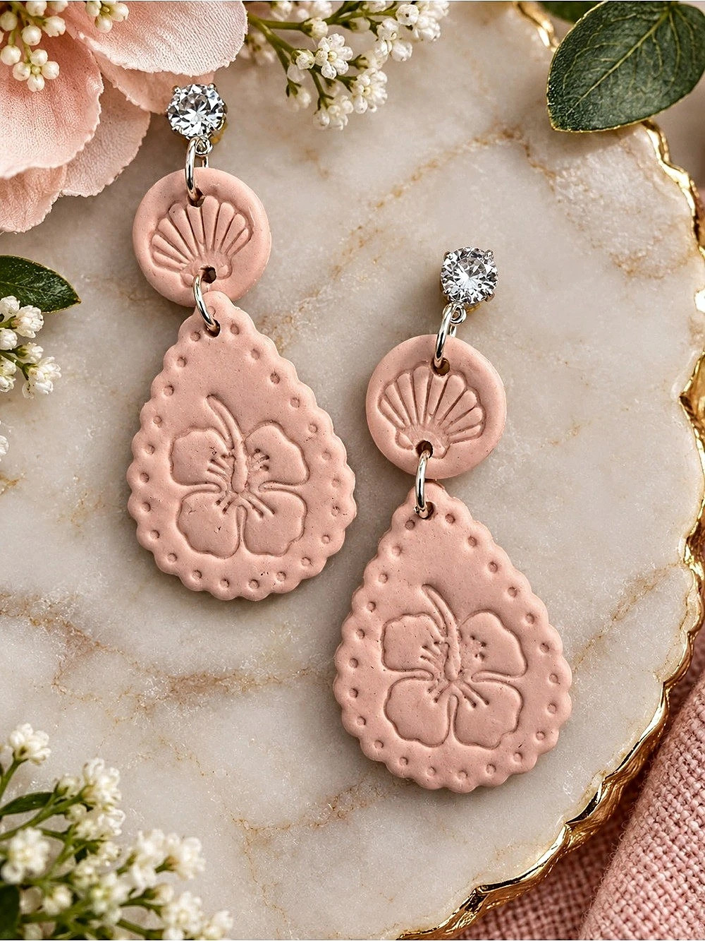 Pink Floral Drop Handmade Polymer Clay Earrings